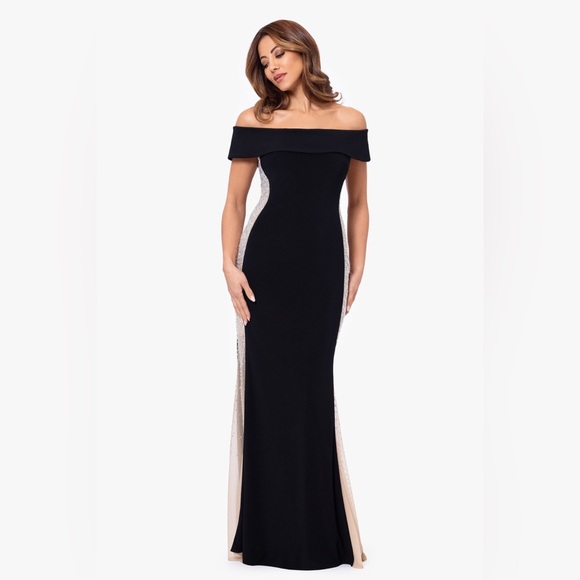 XSCAPE EVENINGS
"BRIANNA" OFF THE SHOULDER JERSEY KNIT CAVIAR BEADED GOWN - Picture 1 of 10